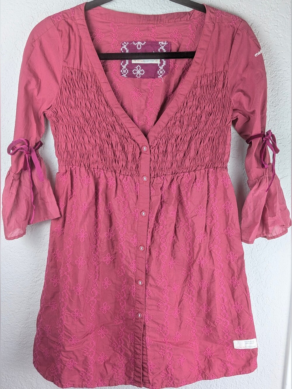 Odd Molly Smocked Embroidered Button-Front Tunic Blouse S 100% Cotton NWOT Pink